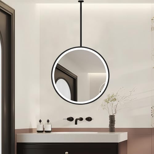 Lonmrrton Espejo de Techo Redondo con luz LED, Espejo de Maquillaje y Afeitado suspendido para baño, Dormitorio y guardarropa, iluminación de 3 Colores y Brillo Ajustable.(Diameter-60CM/23.6INCH)