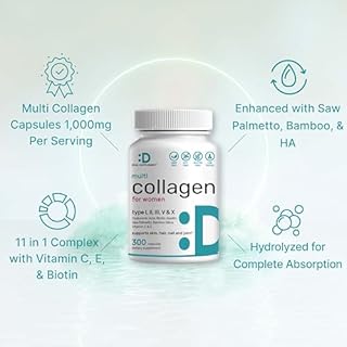 Multi Collagen Pills for Women & Men with Vitamin C, E & Biotin, 300 Capsules – Type I, II, III, V, X Hydrolyzed Collagen Peptides – 11 in 1 Formula with Saw Palmetto, Bamboo Silica, & Hyaluronic Acid