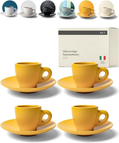 KIVY Espresso Tassen Set [4x 75ml] - Espressotassen mit Untertassen - Handgefertigte Espresso Tassen dickwandig - Italienische Espressotassen - Espressotassen Steingut Dickwandig - Gelb Orange