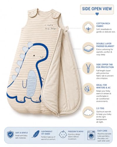 Image of TuddyBuddy Baby Cotton Wearable Quilted Sleeping Bag Blanket 1.5 Tog with 1 Way Zipper Closure | Ideal for Babies & Kids Hypoallergenic Fabrics | (Beige Sripes Dino, 12-18 Months)