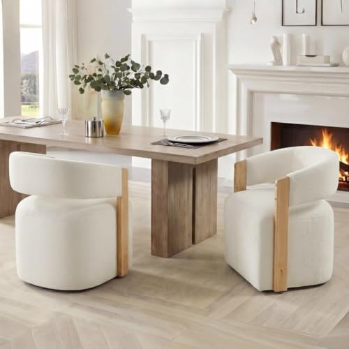 Image of KISLOT Upholstered Dining Chairs Set of 1, Modern Wooden Arm Kitchen & Dining Room Chairs with Hidden Casters, Fabric Padded Rolling Chairs, Sturdy Wood Frame, 300 lbs Capacity, Off-White