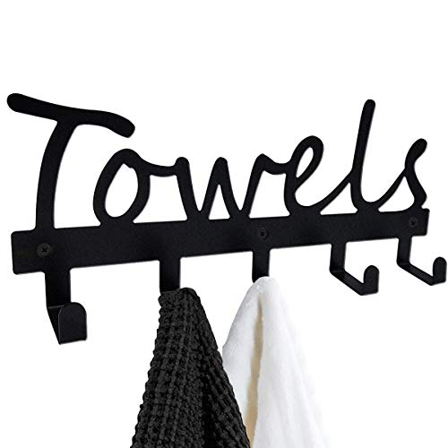 Towel Racks 5 Hooks Black Sandblasted Robe Hooks Wall Mount Towel Holder Black Metal Towel Racks Rustproof and Waterproof for Kitchen Storage Organizer Rack, Bathroom Towels, Robes, Clothing