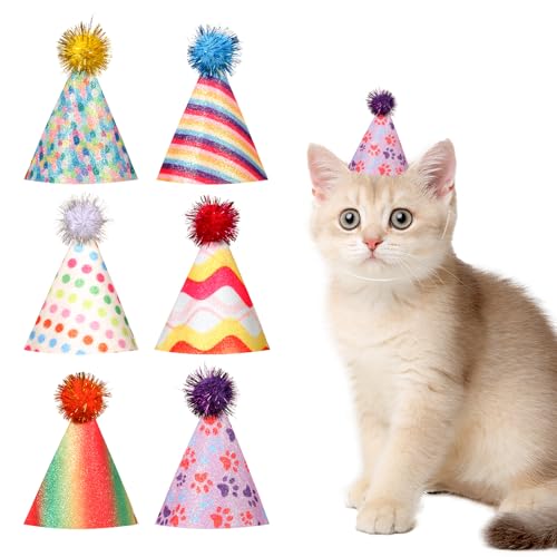 6 Stück Partyhüte Geburtstag,Partyhüte für Kuscheltiere Bunt Geburtstagshut für Hunde Und Katzen Partyhüten Mit Pompon und Glitzerdetails Kleine Kegelhüte mit Glitzer Pompons Kgeburtstagszubehör