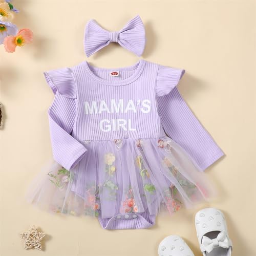 Baby Girl Fall Clothes Cute Long Sleeve Mesh Tutu Romper Dress Infant Newborn Dress (MAMA'S GIRL-Purple, 0-3 Months)3