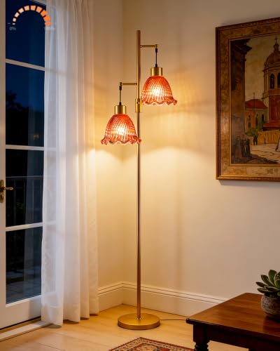 Image of Lightdot Red Flower Glass Floor Lamp 2-Light Dimmable Gold Floor Lamps