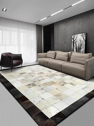 Handgemaakt koeienhuid tapijt Echt koeienhuid tapijt voor woonkamer Natuurlijk koe tapijt Zacht en duurzaam Zwart Wit Plaid Echt lederen tapijt Antislip,6x4 Feet