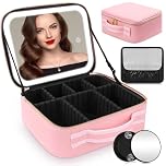 Travel Makeup Bag with LED Mirror, Cosmetic Organizer Case with Adjustable Compartments, Waterproof Makeup Bag with Mirror and Lights