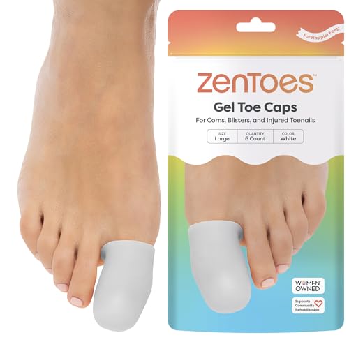 ZenToes 6 Pack Gel Toe Cap and Protector - Cushions and Protects to Provide Relief from Missing or Ingrown Toenails, Corns, Blisters, Hammer Toes (Large, White)