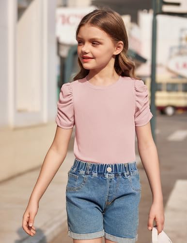 Image of Arshiner Girls Puff Short Sleeve Shirts Summer Ribbed Knit Crewneck T Shirt Tops Tee Blouse