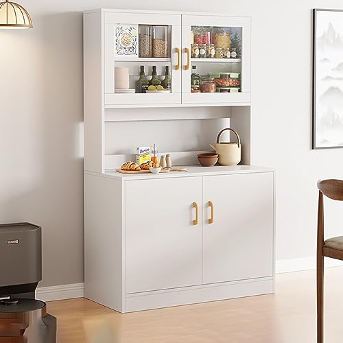 DUANHOZ Mueble de Cocina Blanco con Estante para microondas, Puertas de Cristal, Varios cajones, Gran Capacidad, Ideal para la Cocina del hogar, 80 x 30 x 162 cm.
