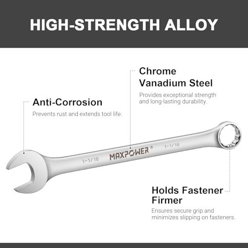Image of MAXPOWER 1-1 /16 inch Combination Wrench, Industrial Grade - 12-Point Box End, Chrome Vanadium Steel, 15 Offset for Tight Spaces, SAE