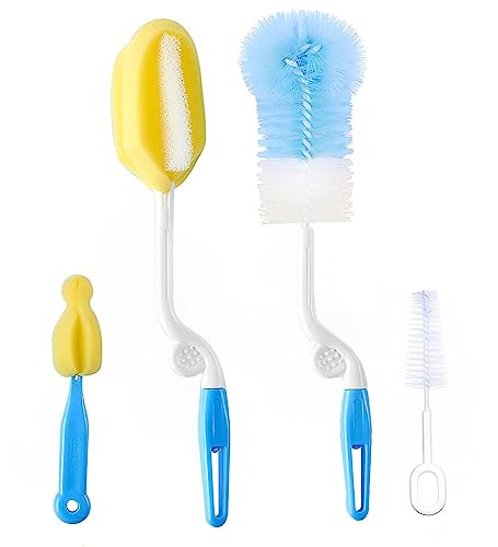 Image of 5-in-1 Baby Bottle Cleaning Brush Set | Silicone Bottle Brush Kit with Nipple Cleaner, Straw Brush, Sponge Brush & Long Tube Cleaner | Feeding Bottle Cleaning Accessories | Yellow Blue