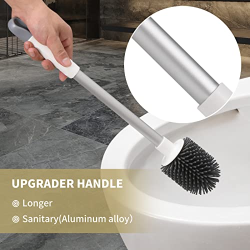 Layuki Toilet Brush And Holder Set, Silicone Bristles Brush Head, Long Aluminium Alloy Handle, Freestanding Or Wall Mount, White & Grey #TOP1