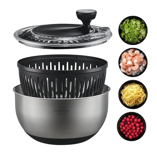 SILBERTHAL Salatschleuder Edelstahl 4,5l groß & rutschfestem Boden - Salad Spinner mit Kurbelantrieb & Stopptaste - BPA-frei & Spülmaschinenfeste Schüssel