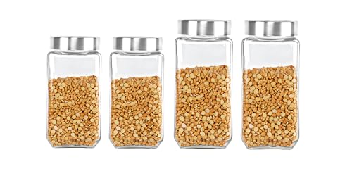 Image of CELLO Qube Fresh Glass Storage Jar for Kitchen Set of 4 Pcs (1000ml x 2, 2250 x 2) Clear | Fridge Safe Leadfree Toughened Glass Kitchen Storage Containers Set For Beans, Whole Grains Spices Dry Fruits