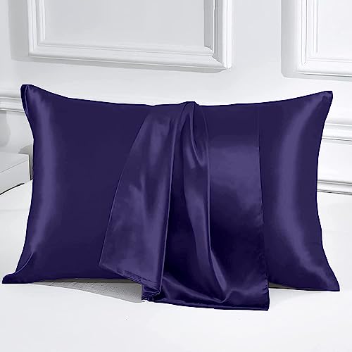 Image of Luxury Silk Satin Pillow Cover Standard Size 18 x 28 - Romantic Pillow Cover Set for Bedroom | Bridal Wedding Soft Luxury Bedding | Navy Blue, Pillow Covers (18 x 28)