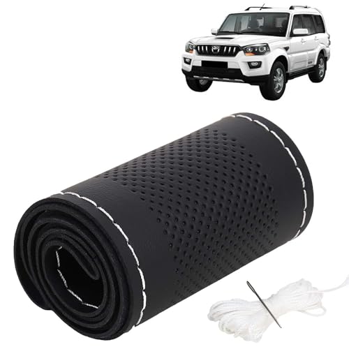 Image of KINGSWAY PU Leatherite Car Steering Cover Sewable Compatible with Mahindra Scorpio (Year 2014-2018), Black Color with Silver Thread, Pack of 1 with Sewing Needle and Thread