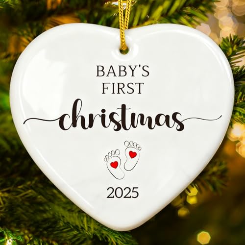 SICOHOME Baby's First Christmas Ornament 2025 - Ceramic Heart Babies First Christmas Ornament 2025 Girl Boy Newborn New Baby Christmas Tree Decorations, Gifts from Parents Grandparents Aunt