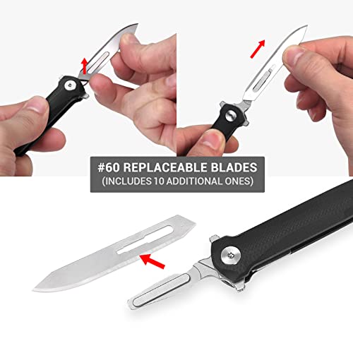 Itokey Folding Scalpel Knife, Skinning Knife For Hunting, G10 Handle With Liner Lock, 10Pcs Replaceable #60 Razor Blades, Outdoor Camping Knife, Edc Knife For Men And Women #TOP4