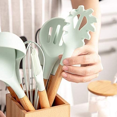 Küchenutensilien Set, Küchenhelfer Set, Küchen-Kochutensilien-Set mit 9 Stück Silikon-Holzspatel, Löffel, Sieb, Schaufel, Kochutensilien, Küchenwerkzeug