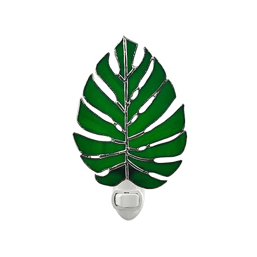 Image of CHEZBABY Plant Stained Glass Night Light Plug into Wall Lamp Decorative Accent Nightlight for Hallway Bedroom Bathroom Kitchen Home Decor(Monstera)