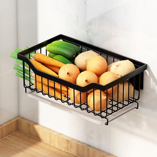 Krtresiar Wall Hanging Fruit Baskets for Kitchen, Fruit and Vegetable Storage with Drawable Tray, Wall Mounted & Counter Wire Basket for Bathroom, Living Room, Pantry (Black)