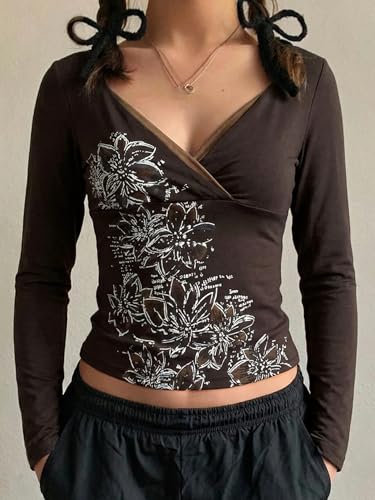 Image of EMMIOL Y2K Fairy Grunge Short Sleeve Shirts for Women Vintage Floral Graphic V Neck Cute Going Out Tops Emo Summer Tee