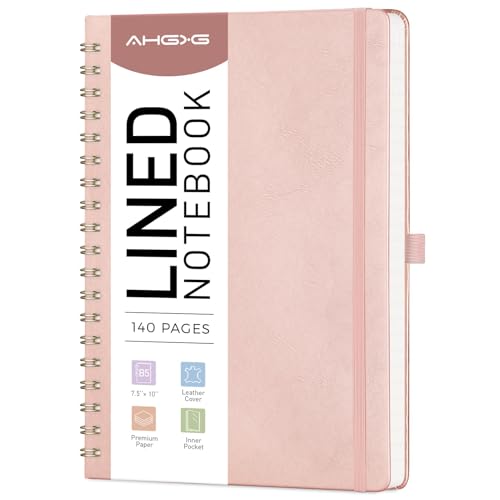 AHGXG Lined Spiral Journal Notebook, B5 Large Journals for Women Men, 140 Pages Hardcover Leather Notebook College Ruled, 100 GSM Paper, Notebooks for Work School Note Taking, 7.6" x 10", Rose Gold