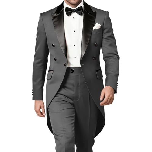 Mens Tailcoat Suit 2 Piece Slim Fit Tuxedo Suit with Black Satin Peak Lapel Double Breasted for Wedding Jacket Pants