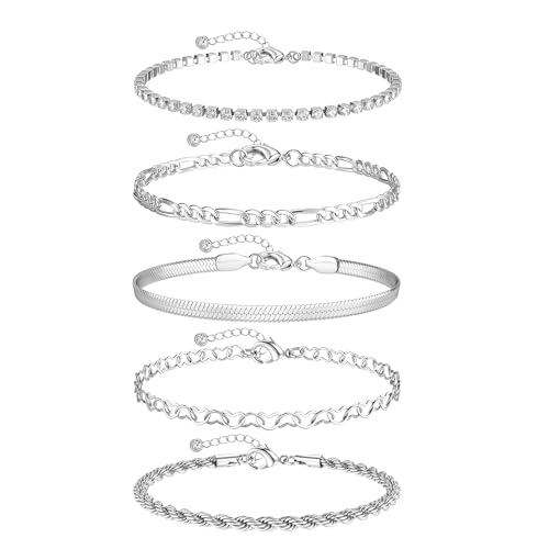 Image of FUNRUN JEWELRY Gold Ankle Bracelets,14 k Gold Plated Waterproof Stainless Steel Cuban Link Chain Ankle Set Paperclip Figaro Layered Anklets Bracelets for Women Dainty Summer Beach Jewelry 5Pcs