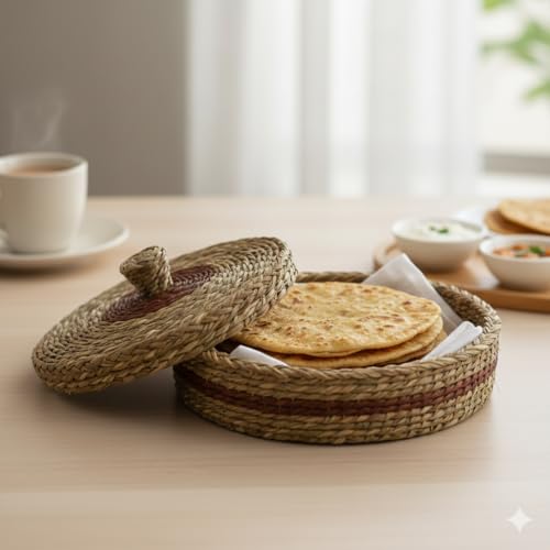 Image of Handwoven Sabai Grass Chapati Box with Lid, Round, 25x10 cm, Natural Brown