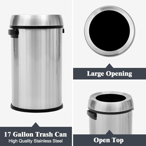 Image of GlowSol 17 Gallon Large Capacity Kitchen Trash Can, Commercial Open Trash Can, Heavy Duty Brushed Stainless Steel Garbage Can, 65 Liter, Suitable for Kitchen Outdoor Office