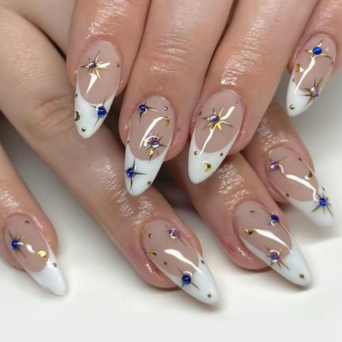 JUYAXIN ホワイトフレンチチッププレスオンネイル アーモンドスターデザイン ラインストーン付き 光沢のある人工爪 女性用