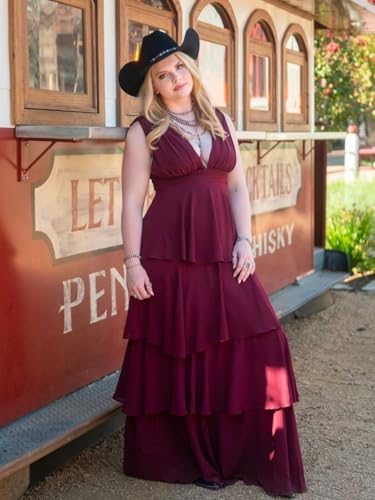BANTRATIC Tiered Bridesmaid Dress for Women Ruffle Deep V-Neck Empire Long Chiffon Formal Wedding Guest Evening Prom Gown4
