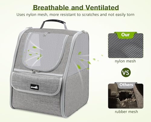 pecute Katzenrucksack Haustier Rucksack mit Netzfenster, Tragbare und Faltbare Katzentasche, Atmungsaktive und Leichte Hundetasche, Multifunktionales Ausgehen Reisen Hellgrau bis 6 kg