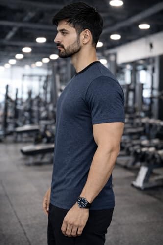 Image of Men's Solid Gym T-Shirt | Slim Fit Gym & Training Tee | Breathable Stretch Fabric | Round Neck Sports Wear for Workout