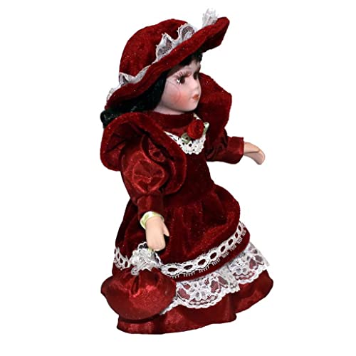 TENOL 20 Cm Porcelain Doll with Fancy Hat Lady, Red