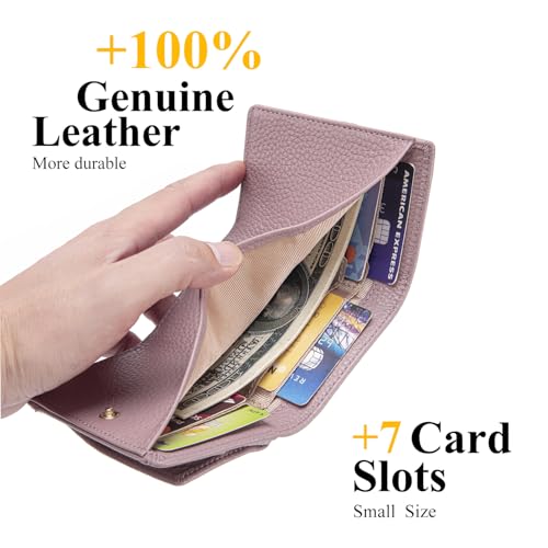Image of Small Wallet Women Genuine Leather RFID Blocking Trifold Tiny Wallets with Snap Coin Pouch 7 Card Solts