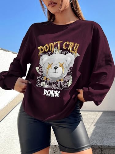 Image of CHKOKKO Oversized Round Neck Drop Shoulder Printed Polyester Full Sleeves T-Shirt for Women