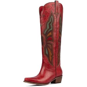 Modatope Cowboy Boots for Women Knee High Chunky Heel Butterfly Cowgirl Boots Wide Calf Pointed Toe Chunky Heel Fashion Western Boot