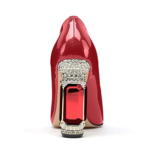 Image of JANSEVEN Women Chunky Heels Pumps Crystal Block Heels with Rhinestones Pointed Toe Sexy Gradient Patent Leather Slip on Bridal Party Wedding Dress Shoes 5-13 M US