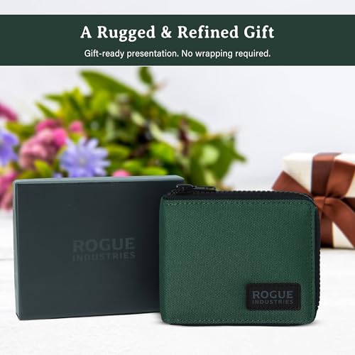 Image of ROGUE WALLET Interior Genuine Leather Wallets for Men - RFID Blocking Robust Outer Nylon Wallets - Full Cash Slot and Expandable Coin Pouch - Gift for Men (Green)