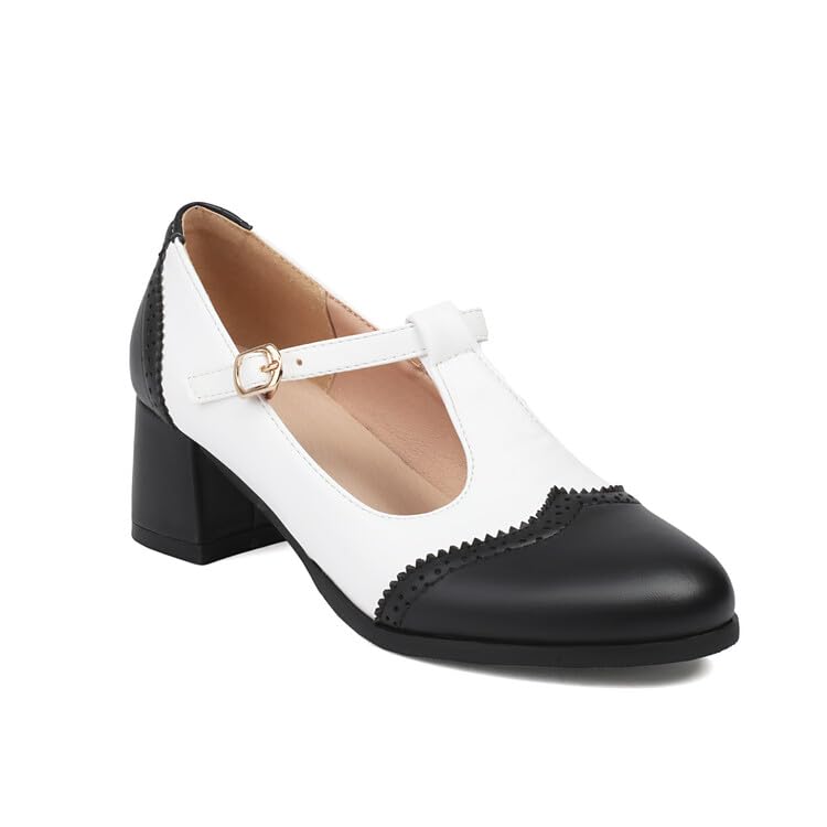 Women's Round Toe T Strap Mary Janes Square Heel Pumps