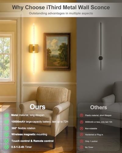Image of Wall Sconce Set of 2: Gold Rechargeable Wireless Magnetic Install, Crystal | 10000mAh Battery Operated, 360 Rotatable Wall Light,4CCT Dimmable LED Scone Lighting for Living Room Bedroom. 31.7in