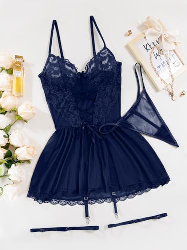 Image of Lilosy Sexy Garter Belt Mesh Lace Babydoll Lingerie Dress Set with Thong