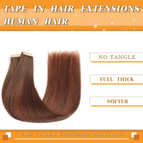 Image of 14 Inch Tape in Hair Extensions, Chocolate Brown Mixed Dark Auburn 20pcs Tape in Hair Extensions Human Hair Straight Tape Ins Invisible Remy (4 /4 /33A#, 14 Inch)