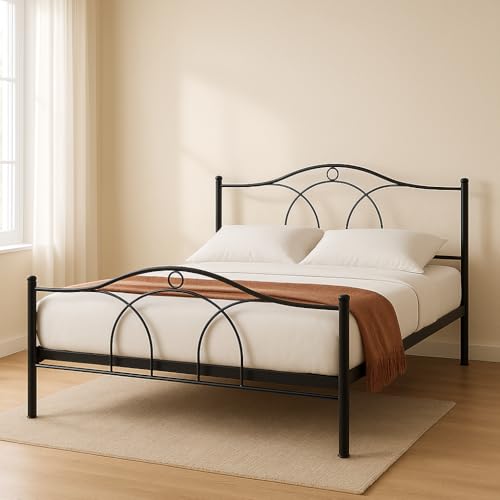 Image of Alto Metal Queen Size Bed Without Storage | Wrought Iron Double Bed with Headboard & Footboard | Sturdy Powder Coated Platform Bed Queen Size Cot for BedroomLivingRoom Black (75x60)