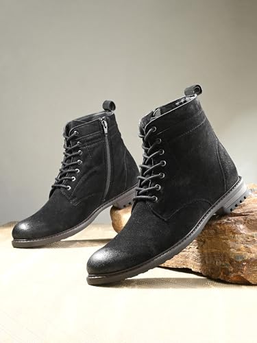 Image of San Frissco Biker Chain Boots for Men's with Round Toe TPR Sole | Synthetic Suede Zip Casual Winter Boots Slip On Shoes | Outdoor Fashion Shoes for Office, Party, Trekking