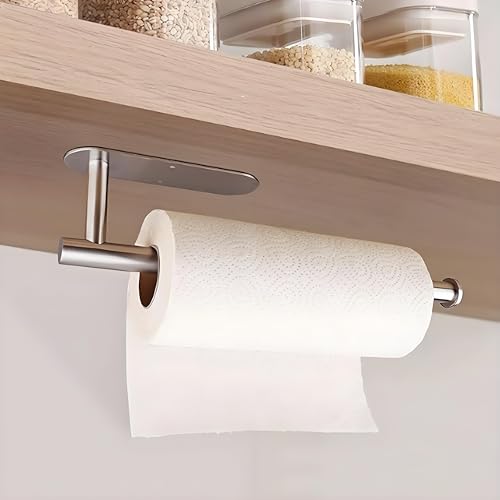 Laphontab Portarrollos de papel de cocina debajo del armario, toallero de papel de acero inoxidable, negro mate, autoadhesivo, adecuado para despensa, cocina, baño (plata)