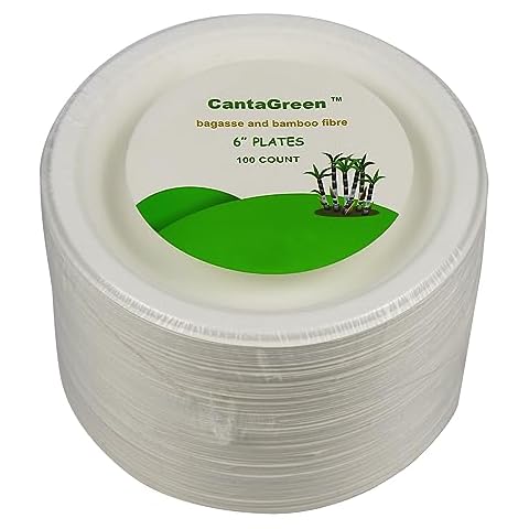 CantaGreen 6 inch Small Compostable Dessert Plates,100 Count Heavyduty Sugarcane/Bagasse and Bamboo Fibre Biodegradable Disposable Paper Plate Cover